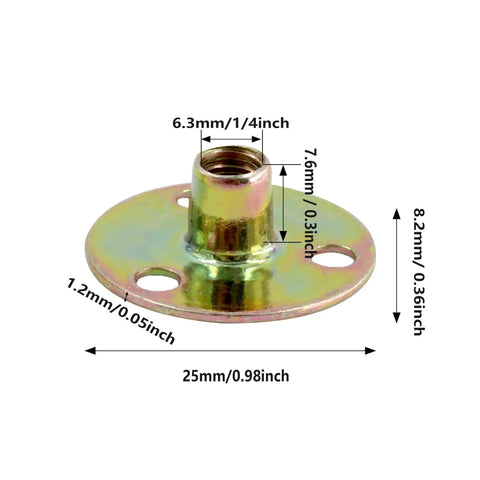Built Tough Galvanized Carbon Steel Tee Nuts Twenty Pack With 1/4-20 Thread round base flange showing measurement details.