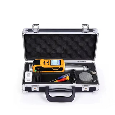 Real Deal Digital Concrete Rebound Hammer Schmidt Hardness Tester With Calibration Anvil For Tight On Site Strength Checks Astm En Approved High Accuracy Plus Minus One Percent Heavy Duty Two Joule Impact in a sturdy carrying case with accessories.