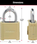 Heavy Duty Outdoor Combination Lock 875D Brass Finish, Weatherproof Gate And Shed Lock with size dimensions shown