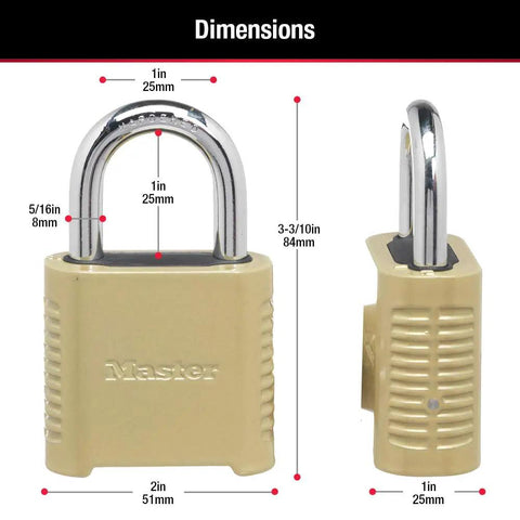 Heavy Duty Outdoor Combination Lock 875D Brass Finish, Weatherproof Gate And Shed Lock with size dimensions shown