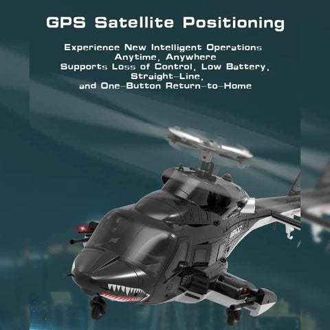Indoor RC Copter For Adults With GPS 2.4GHz 9CH Flybarless Stability featuring GPS satellite positioning in urban skyline