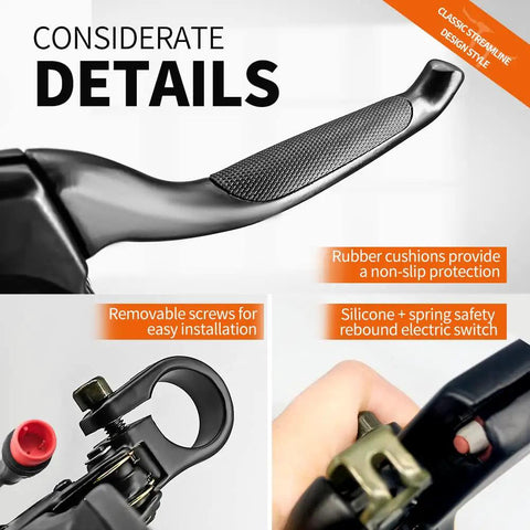 Close-up of Electric Bike Brake Lever With Cutoff Sensor For E Scooter And Ebike Aluminum Handle With Comfortable Rubber Grip