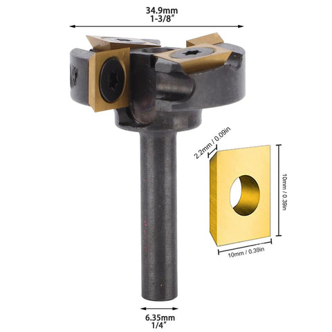 Top Tier Slab Flattening Router Bit With 1/4 Inch Shank And 1 3/8 Cut Diameter features carbide blades and dimensions shown.