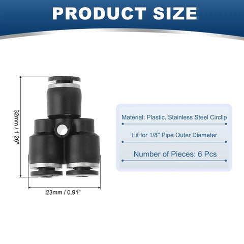 Six Pack Y Shape Push To Connect Fittings 1 8th Inch OD Tube Reducer Connector Quick Lock Air Hose Fittings For Pneumatic Systems Black Durable Plastic Body With Steel Clip, product dimensions and details.