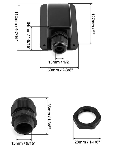 4 Pack IP68 Solar Cable Entry Gland, Waterproof ABS 1 Way Cable Housing for RV, Caravan, Marine & Solar Panel Roof Installations detail view showcasing dimensions