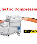 Universal 18CC 12V DC Electric Parking Air Conditioner Compressor for Trucks Buses Vans And Rvs side view with orange hose.