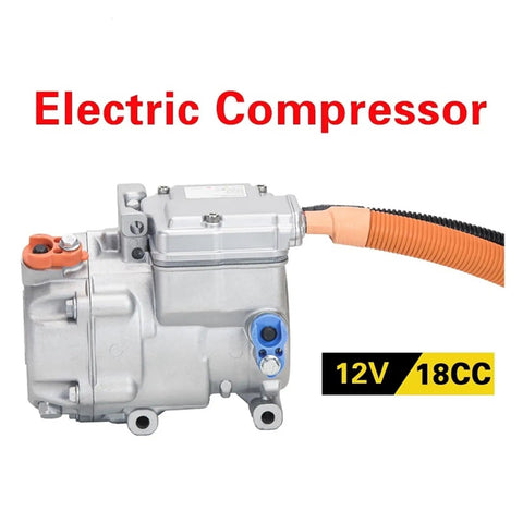 Universal 18CC 12V DC Electric Parking Air Conditioner Compressor for Trucks Buses Vans And Rvs side view with orange hose.