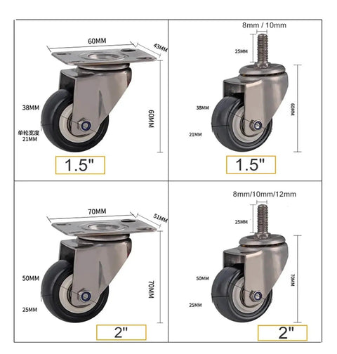 Low Noise 1.5-2 Inch Silent Caster Wheels With 304 Stainless Steel Frame Brake Option dimensions and design details