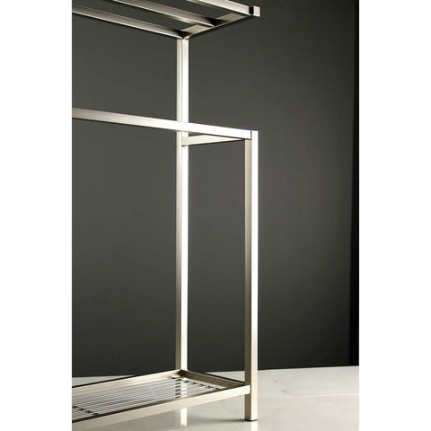 Close-up of Edenscape Freestanding Towel Rack in Brushed Nickel with solid steel frame, showing triple towel bar design.