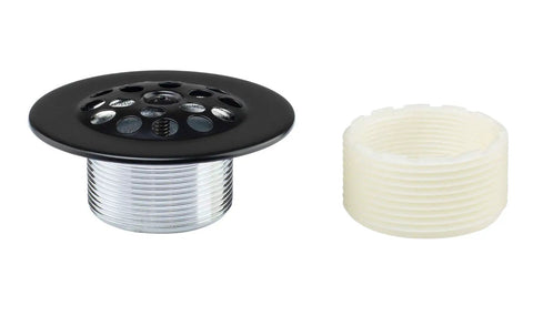 Trip Lever Tub Trim Kit Set With Overflow Face Plate And Strainer Drain Matte Black Finish showing strainer drain and adapter