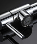 Close-up of Deck Mount Pot Filler Faucet in Chrome Finish with Extension Shank and 20 Inch Dual Swing Joints Spout for Easy Kitchen Filling