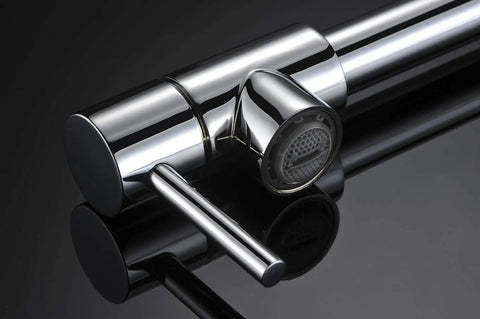 Close-up of Deck Mount Pot Filler Faucet in Chrome Finish with Extension Shank and 20 Inch Dual Swing Joints Spout for Easy Kitchen Filling