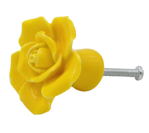 Totally Rad Yellow Ceramic Drawer Knobs Featuring A Sweet Vintage Floral Rose Pattern for Dressers Closets and Kitchen Cupboards Set of 2 With Shiny Polished Finish and Easy Peasy Installation with All Required Screws Included - close-up of yellow rose knob