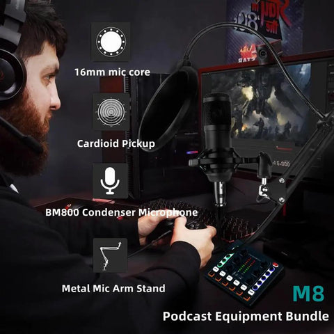 All In One Podcast Studio Bundle With BM 800 Mic Arm And M8 Audio Interface setup on desk with user, highlighting mic features