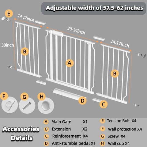 Diagram of Walk Through Baby Gate With Door, Adjustable 29.5 To 52.5 Inch Wide, Pressure Mounted showing components and dimensions.
