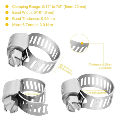 WINL stainless steel hose clamps, 22-pack, worm-gear drive, 5/16–7/8 in (8–22 mm) clamp range