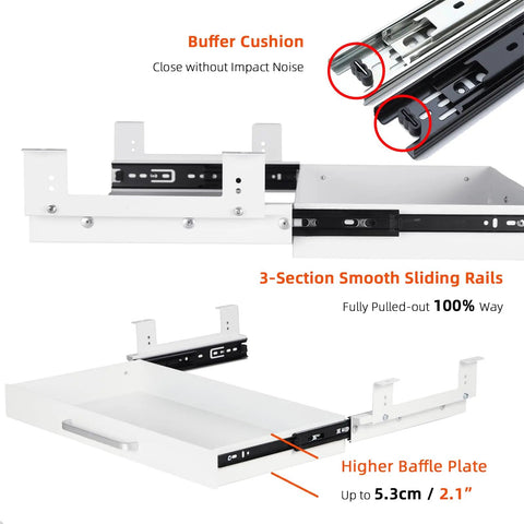 Under Desk Drawer Organizer 21 Inch White With Adjustable Brackets showing sliding rails and buffer cushions