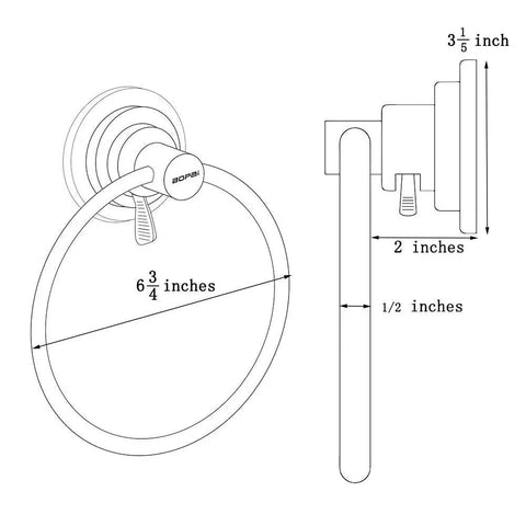 Technical diagram of Drill Free Vacuum Suction Cup Towel Ring No Tools Needed Easy Install Stick And Go For Showers Holds Towels And Washcloths With Strong Suction Relocatable Mount with measurements.