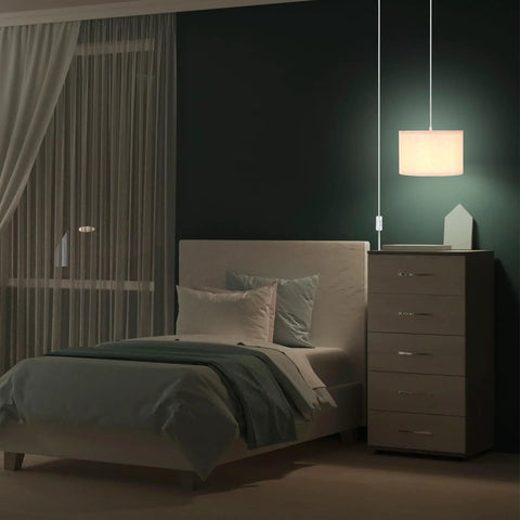 Game Changing Plug In Pendant Light With Adjustable Fifteen Foot Rope Cord And Chill Linen Fabric Shade On Off Switch Hanging Lamp in bedroom.