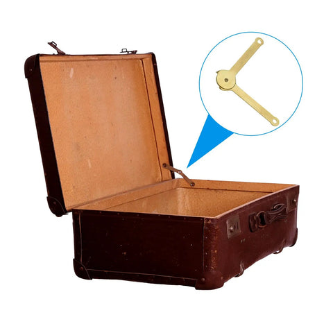 Gold Metal Lid Stay Hinge installed in open suitcase viewed from angle demonstrating hinge functionality.