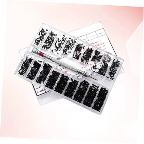 18 Piece Miniature Screw Assortment Kit With Flat Head And Countersunk Tiny Machine Screws In A Handy Portable Storage Box For Repair Jobs Ideal For DIYers And Pros Alike, shown in an open plastic storage box with compartments