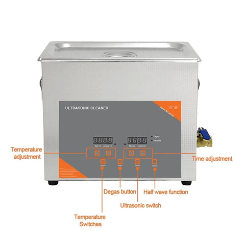 Heavy Duty 10L Ultrasonic Cleaner Machine With Heating Function And Digital Timer for adjusting temperature and time settings.