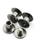 Straight Up 120 Piece Chicago Screw Set With Phillips Drive Binding Rivets And 5x6mm Heavy Duty Black Steel Bolts For DIY Leather Craft Gear With Rust Proof Plating That Is Zero Hassle Setup showing four black steel binding rivets.