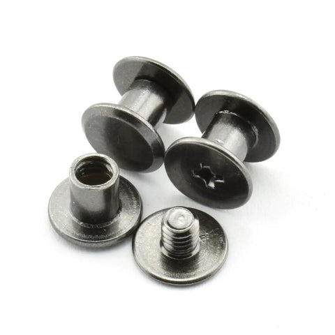 Straight Up 120 Piece Chicago Screw Set With Phillips Drive Binding Rivets And 5x6mm Heavy Duty Black Steel Bolts For DIY Leather Craft Gear With Rust Proof Plating That Is Zero Hassle Setup showing four black steel binding rivets.