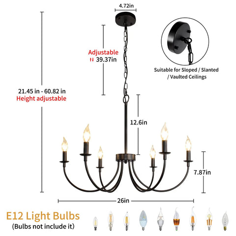 Six Light Farmhouse Chandelier Black Iron Finish Dope Dining Room Lighting Fixture With Classic Candle Style dimensions chart