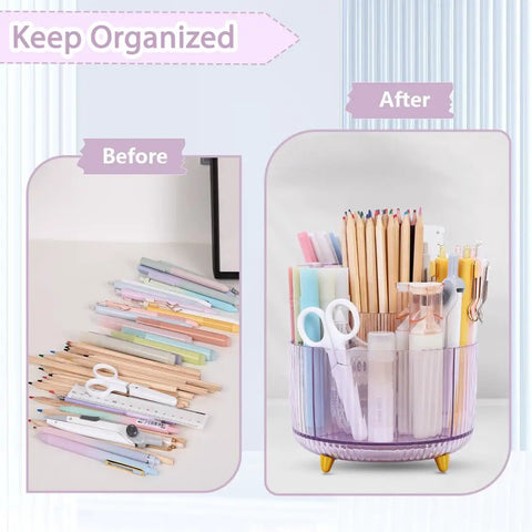 Before and after of desk with and without Rotating Pencil And Pen Holder With Five Slots, Space Saving Desk Organizer For School, Home And Office.