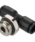 Heavy Duty Glass Reinforced Nylon Push To Connect Branch Tee, 12 mm 1/4 inch tube to pipe adapter fitting, close-up view.