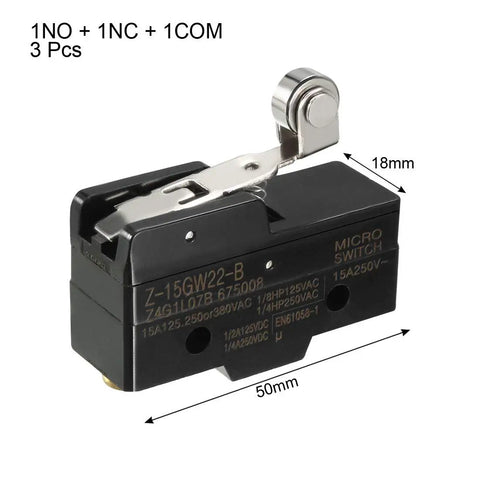 Three Pack Z-15GW22-B Hinge Roller Lever Micro Action Switches With 1NO 1NC Contacts 15A 125/250V Or 380V AC DC Control Circuits IP40 Rugged Micro Switches For Mechanical Motion Control In DIY Projects And Small Machinery, black 50mm switch