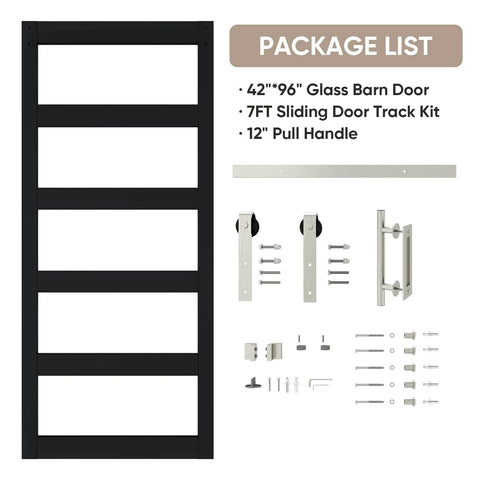 Glass Barn Door 42x96 Inch With 5-Panel Frosted Glass, Solid Wood Frame Wrapped In Waterproof PVC Surface, Black Finish; hardware
