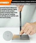 Hand using Five-Piece Nail Setter And Center Punch Kit With Dual Head Nail Sets on metal surface, precise marking visible.