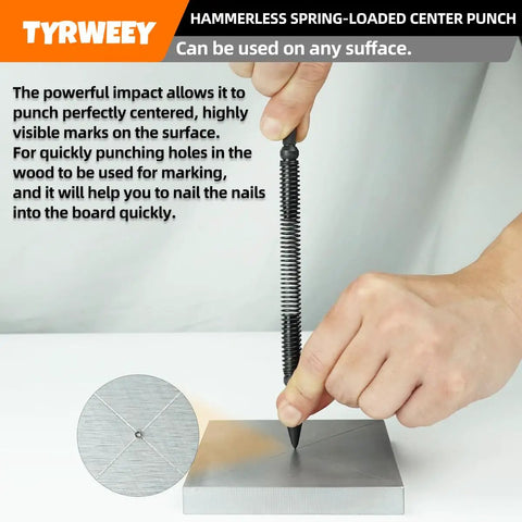 Hand using Five-Piece Nail Setter And Center Punch Kit With Dual Head Nail Sets on metal surface, precise marking visible.