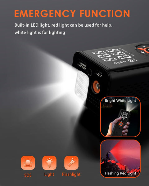 Portable Tire Inflator Air Compressor With Frosted Digital Gauge For Cars And More, showing built-in LED light function