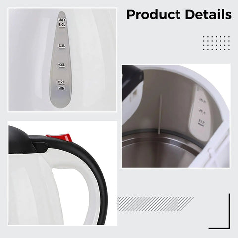 Close-up of Heavy Duty 12V Portable Electric Car Kettle 1000Ml with measurement indicators and spill-proof handle.
