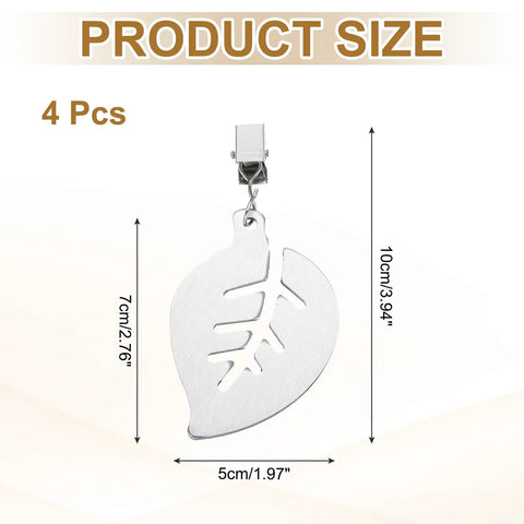 Stainless Steel Tablecloth Weights With Clips, leaf design, 4 Pack, 3.94 Inch Overall Length, silver, dimensions displayed in image.