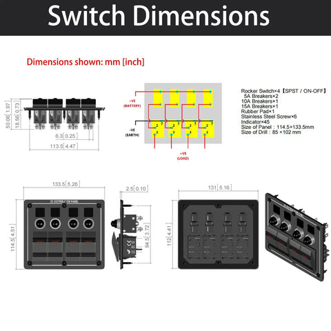 Dimensions of 4 Gang Aluminum LED Rocker Switch Panel With Circuit Breaker Waterproof Splash Proof Marine Boat RV