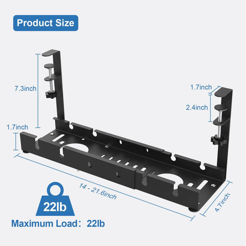 Under Desk Cable Management Tray With Retractable Cord Organizer, No-Drill Metal Cable Basket With Clamp, dimensions shown