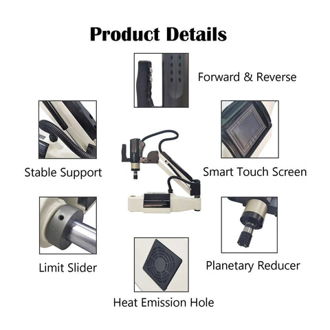 Electric Tapping And Threading Machine For M3 To M16 Vertical Servo Tapper with display of key features like planetary reducer and smart touch screen