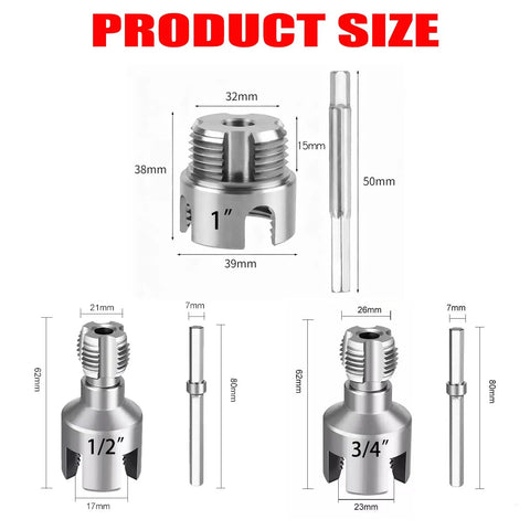 Pipe Threading Tool Kit Half Inch Three Quarter Inch One Inch Set dimensions with internal and external threaders.