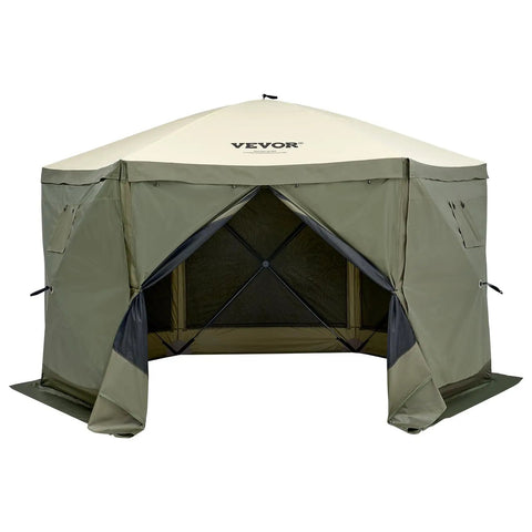 Front view of 12x12ft Pop Up Gazebo Tent With Mosquito Netting, 6 Removable Wind Panels And 2 Mesh Windows, in Army Green, for outdoor use.