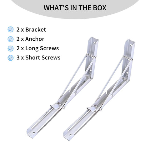 Heavy Duty 2 Pack Folding Shelf Brackets In Corrosion Resistant Stainless Steel with screws and anchors included