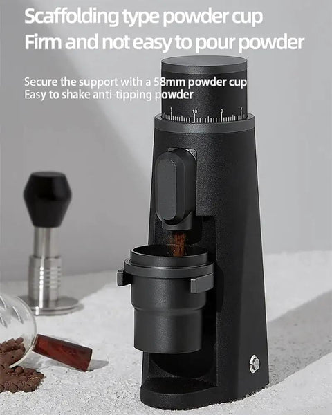 Compact Portable Electric Coffee Grinder Featuring A Kickass 48Mm Burr Mill With Stepless Adjustment For Beans Spices And Herbs Ultra Quiet Design For Grabbing Brews On The Road In Black showing a 58mm powder cup.