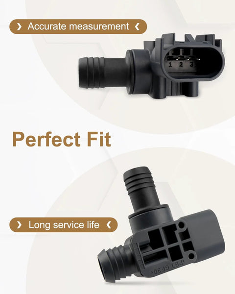 Power brake booster pressure sensor with 3-pin connector, black plastic, front and side views