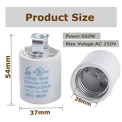 Workhorse Glazed Porcelain E26 Ceramic Socket Keyless Lampholder 660 Watt Capacity 250 Volts with dimensions shown.