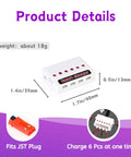 Smart charger for JST plug, charges six 900mAh 3.7V batteries simultaneously, dimensions 1.7x1.1x0.5 inches, weight 18g.