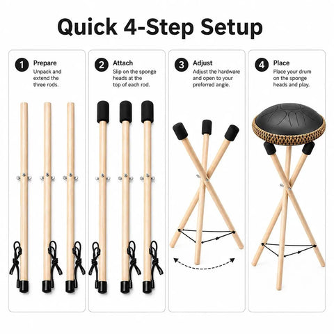 Adjustable Solid Wood Handpan Drum Stand With Carry Bag And Three Replacement Foam Pads For 10 To 22 Inch Steel Tongue Hang And Panda Drums Built Tough With Zero Wobble So You Stay Locked In During Every Session