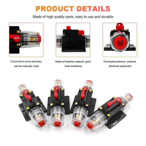 Built Tough 80 Amp Inline Circuit Breaker With Manual Reset Switch For 12V To 48V DC Car Stereo Marine Audio Systems, showing multiple units and details.
